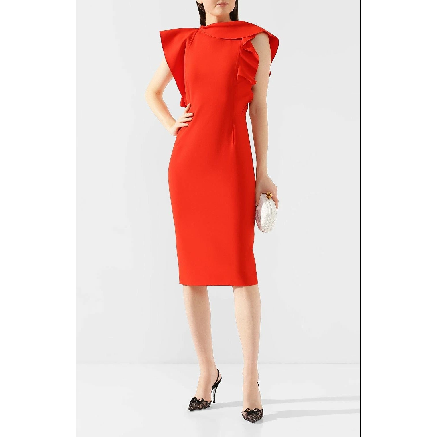 $ 2190 Oscar De La Renta Ruffle-Accented Wool Midi Dress Sz 4